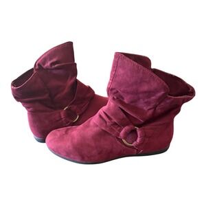 Serena Burgundy Faux Suede Slouchy Ankle Boots Wide Width 9W Flat Booties 6433
